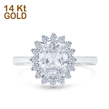 14K White Gold Halo Art Deco Oval Wedding Ring Simulated Cubic Zirconia Size-7